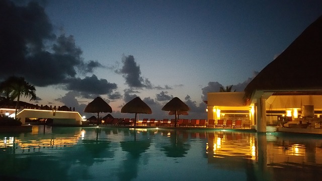 Cancun Mexico poolside at dusk